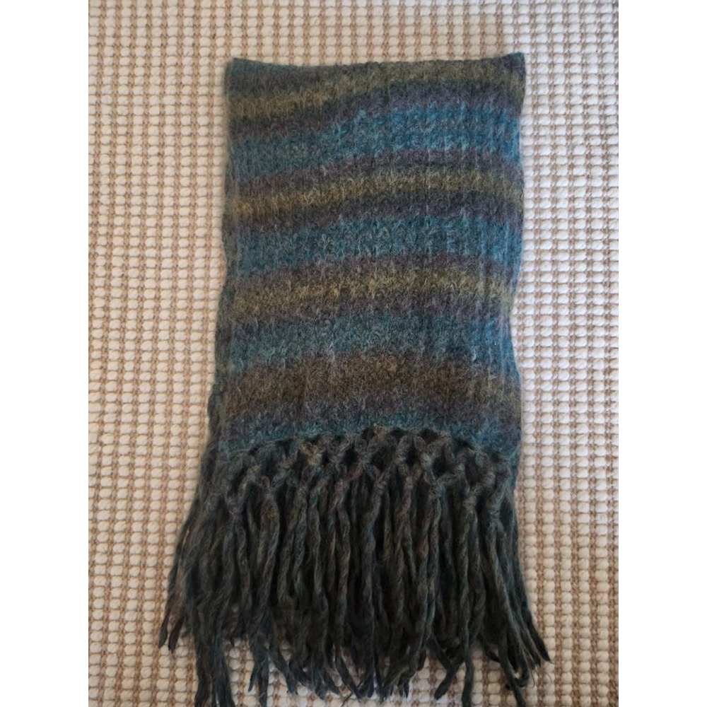 Women's H&M One Size Teal Brown Striped Mohair Blend Long Wide Knitted Scarf - Picture 2 of 5